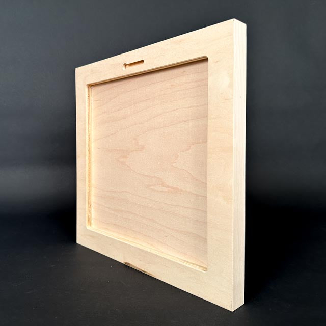 Natural Maple Cradled back showing  hanging slot and maple veneered Maple hardwood edges.  